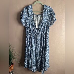 BloomChic Blue Floral Puff-Sleeve Midi Dress